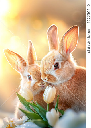 Adorable bunnies with bright tulips against a blurry colorful background, vertical poster for Valentine's Day Adorable bunnies with bright tulips against a blurry colorful background, vertical poster for Valentine's Day 122230340