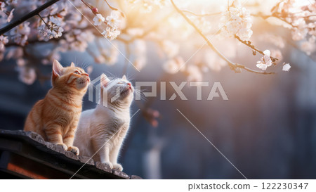 Poster of cats on the roof of an old house admiring cherry blossoms, Valentine's Day card, copy space for congratulations 122230347