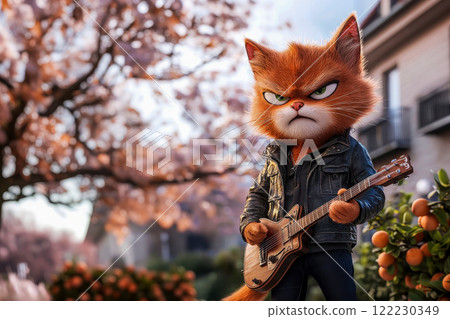 Serious cat sings serenade standing under balcony of his beloved's house, cat is wearing leather jacket, blooming garden background, Valentine's Day poster 122230349