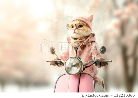 Portrait of white cat in pink jacket riding scooter in city, funny poster about pets 122230360