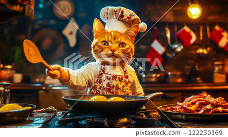 A ginger cat in the kitchen fries bacon and eggs for breakfast, a card with congratulations on Merry Christmas A ginger cat in the kitchen fries bacon and eggs for breakfast, a card with congratulations on Merry Christmas 122230369