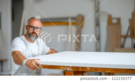 A craftsman prepares a sheet of marble for further processing on a machine, copy space about processing natural stones 122230377