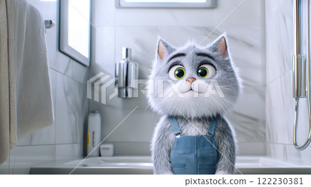 A portrait of a cute plumber cat against the background of a bathroom, an idea for plumbing repairs and building maintenance 122230381