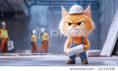 An angry ginger cat in a white helmet, overalls and with blueprints in his paws is inspecting a construction site, a funny poster with copy space 122230386