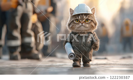 A funny construction cat in a helmet and overalls walks along a construction site with blueprints in his paws, an idea for a Labor Day poster. 122230387