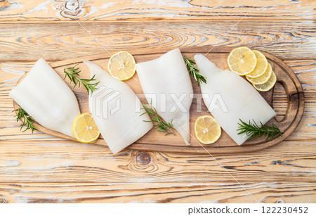 Squid tube and ring photography . Seafood top view Squid tube and ring photography . Seafood top view 122230452