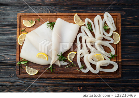 Squid tube and ring photography . Seafood top view 122230469