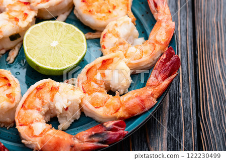Grilled Tiger shrimps with lime photography . Top view 122230499