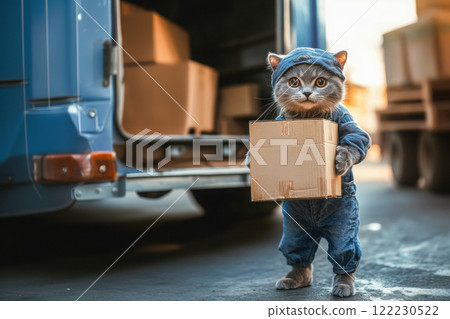 A stylish gray cat with yellow eyes and work clothes carries a box against the background of a loaded car, concept for advertising a transport company and cargo delivery A stylish gray cat with yellow eyes and work clothes carries a box against the background of a loaded car, concept for advertising a transport company and cargo delivery 122230522