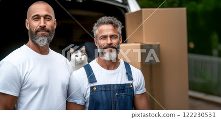 A funny poster with bearded movers against the background of a van with things, a cat peeks out from behind the loader's shoulder, concepts of a company providing moving and cargo delivery services 122230531