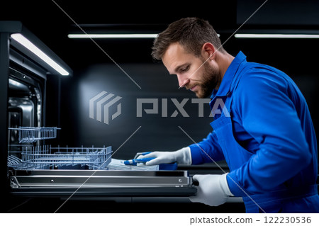 Close-up of a service engineer installing a dishwasher, advertising about high-quality installation and scheduled maintenance of household appliances 122230536