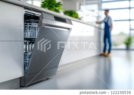 Banner with a modern kitchen in a minimalist design with installed household appliances, concept of service maintenance, installation and repair of household appliances 122230539