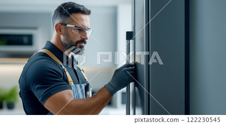 A technician in glasses against the background of a modern kitchen checks the correctness of the installation of a client's household appliances before handing over the object to the customer 122230545