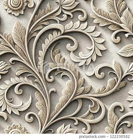 A grey-black floral pattern with an elegant vintage design featuring swirled leaves and paisley accents in a seamless antique style. A grey-black floral pattern with an elegant vintage design featuring swirled leaves and paisley accents in a seamless antique style. 122230582
