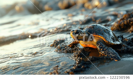 Banner with helpless sea turtle covered in crude oil, slowly crawling leaving dark, shiny tracks on the sand, ocean oil pollution, care for ecology Banner with helpless sea turtle covered in crude oil, slowly crawling leaving dark, shiny tracks on the sand, ocean oil pollution, care for ecology 122230596