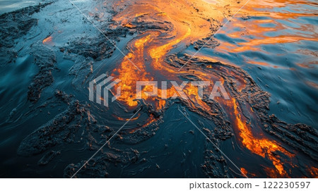 sea covered in oil after spill from tanker, tragedy from oil spill, text space for description sea covered in oil after spill from tanker, tragedy from oil spill, text space for description 122230597