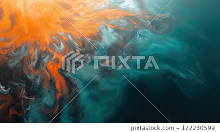 view from above of oil slick spilled in the sea, environmental problems or poster about tragedy after fuel oil spill 122230599