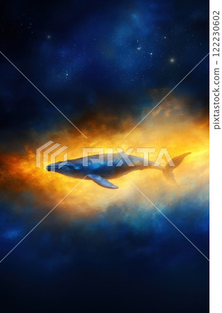 A vertical poster of a whale swimming in the ocean against the background of bright night stars, a poster about environmental protection A vertical poster of a whale swimming in the ocean against the background of bright night stars, a poster about environmental protection 122230602