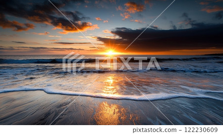 sunset over the sea and the beach covered in oil, problems environmental tragedy after the fuel oil spill 122230609