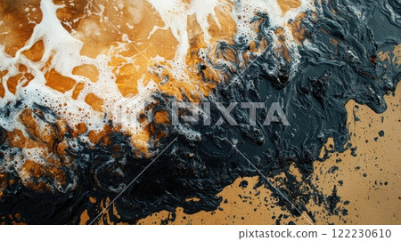 sandy beach with oil washed up on golden sand, environmental problems, pollution of the sea with oil products 122230610