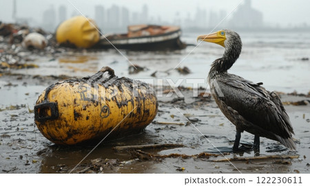 seabird covered in oil on the coastal strip near a large commercial port, environmental issues 122230611