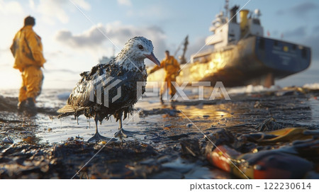 seabird covered in oil stands on the shore of the bay against the background of a ship that sank after a storm, environmental tragedy after fuel oil spill 122230614