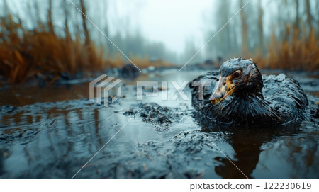 oil-covered bird swims in polluted lake in forest near oil extraction site, ecological disaster and saving wild animals' lives 122230619