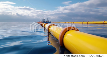 Close up of oil spill containment barriers floating near drilling site, oil spill protection 122230620