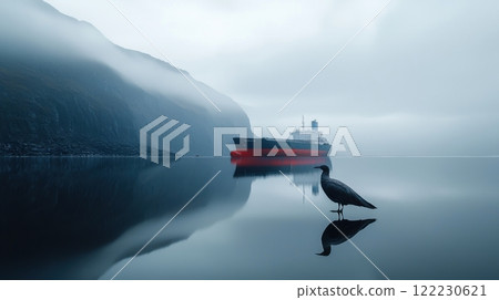 Seabird standing still, its reflection in polluted sea water from oil spill, foggy morning, tanker in background, oil spill safety and petroleum products transportation, environmental awareness 122230621
