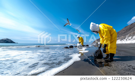 Specialists in yellow protective suits collect oil spilled along the coastline, concept of ocean pollution by oil 122230624
