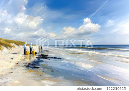 watercolor with specialists in yellow protective suits collecting oil spilled on the coastline, copy space about the concept of ocean pollution 122230625
