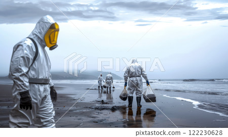 A team of environmentalists in protective suits collects oil spilled along the coastline, a concept for environmental protection 122230628