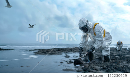 A poster with a volunteer in a protective suit collecting fuel oil spilled on the shoreline, Copy Space on environmental protection 122230629