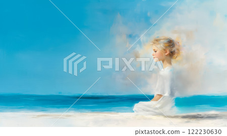 Watercolor portrait of a girl admiring the serene blue ocean, dream of relaxation and serene childhood, copy space for vacation concept 122230630