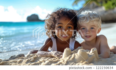 happy children playing on sandy beach on the shore of warm sea, bright sunny day, family vacation concept 122230634