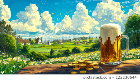 Air watercolor with mug of Irish beer and gold coins on table, countryside background with green hills and blooming field, st patricks day poster Air watercolor with mug of Irish beer and gold coins on table, countryside background with green hills and blooming field, st patricks day poster 122230644