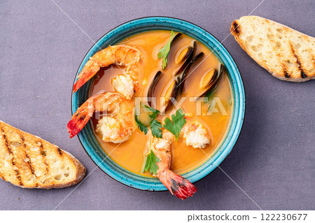 French seafood bouillabaisse soup with shrimps and mussels photography . Top view 122230677