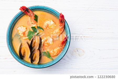 French seafood bouillabaisse soup with shrimps and mussels photography . Top view French seafood bouillabaisse soup with shrimps and mussels photography . Top view 122230680
