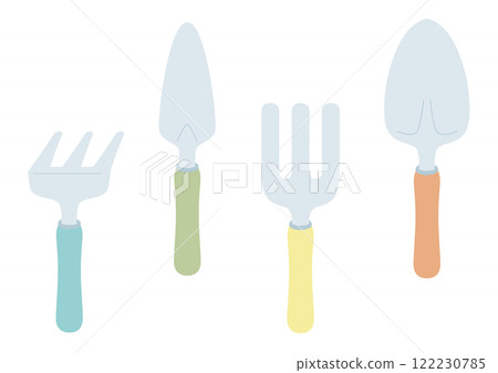 柔和的彩色園藝工具套裝：鏟子和叉子（無主線） 122230785