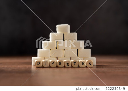 The word Diabetes and white sugar cubes sugar 122230849
