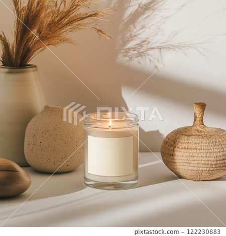 Clear glass jar candle mockup, scented candle jar with blank white label, styled interior candle design template 122230883