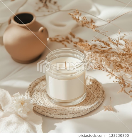 Clear glass jar candle mockup, scented candle jar with blank white label, styled interior candle design template 122230890
