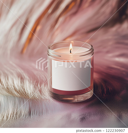 Clear glass jar candle mockup, scented candle jar with blank white label, styled interior candle design template 122230907