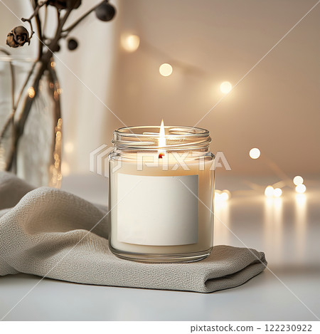 Clear glass jar candle mockup, scented candle jar with blank white label, styled interior candle design template 122230922