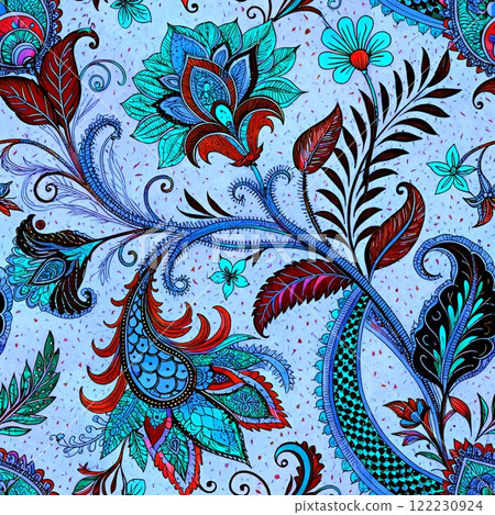 Seamless floral pattern with vintage flowers, leaves, and decorative elements for fabric, wallpaper, or textile design 122230924