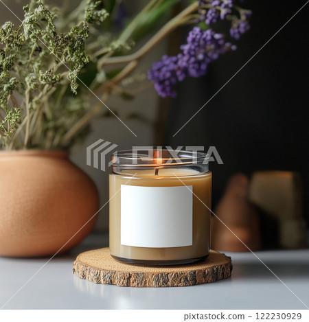 Clear glass jar candle mockup, scented candle jar with blank white label, styled interior candle design template 122230929