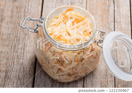 Tasty marinated cabbage with carrot, healthy food  Sauerkraut photography . Top view 122230967