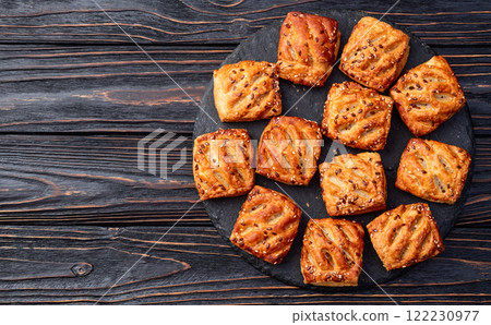 Homemade mini puff pastries with meat photography . Top view Homemade mini puff pastries with meat photography . Top view 122230977