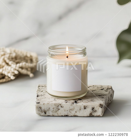 Clear glass jar candle mockup, scented candle jar with blank white label, styled interior candle design template 122230978