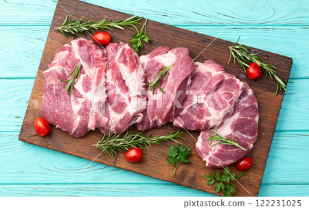 Neck of raw pork meat . Top view Neck of raw pork meat . Top view 122231025